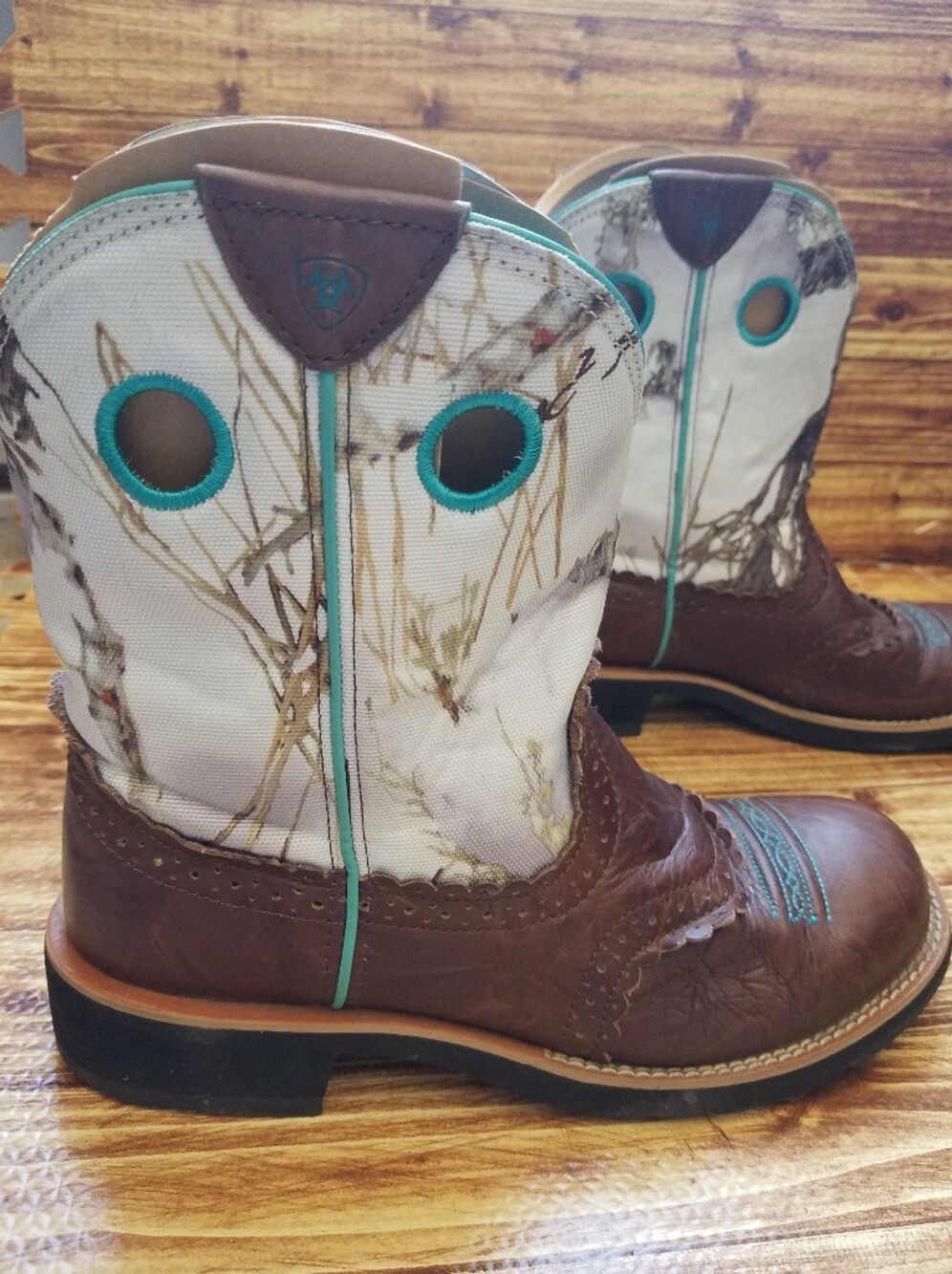Ariat Fatbaby Camo Western Boots Brown Teal Leather Cowgirl 9.5 B 10009503 Boxed - Picture 9 of 16